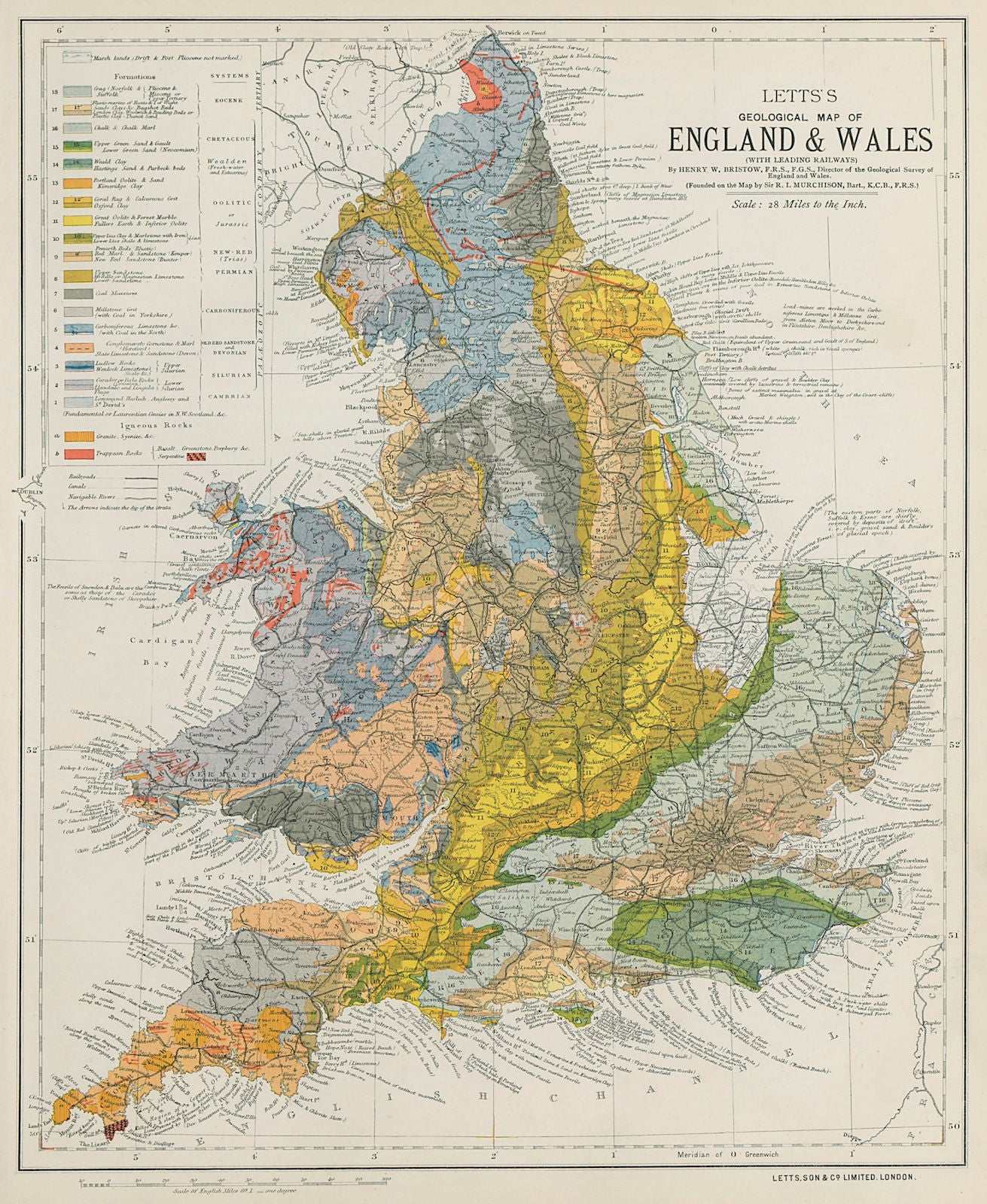 ENGLAND & WALES colour geological Map. LETTS 1884 old antique plan chart